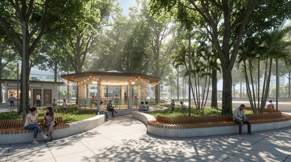 Renderização ao nível dos olhos de uma praça arborizada centrada num coreto iluminado com cordões de luzes, rodeado por bancos curvos de madeira e betão onde pessoas descansam e caminham.