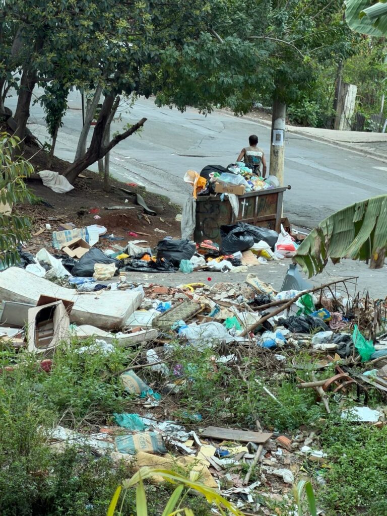 Acúmulo de lixo, sacos plásticos, velhos colchões e resíduos espalhados num acostamento ao lado de um contentor transbordado, próximo a uma rua asfaltada.