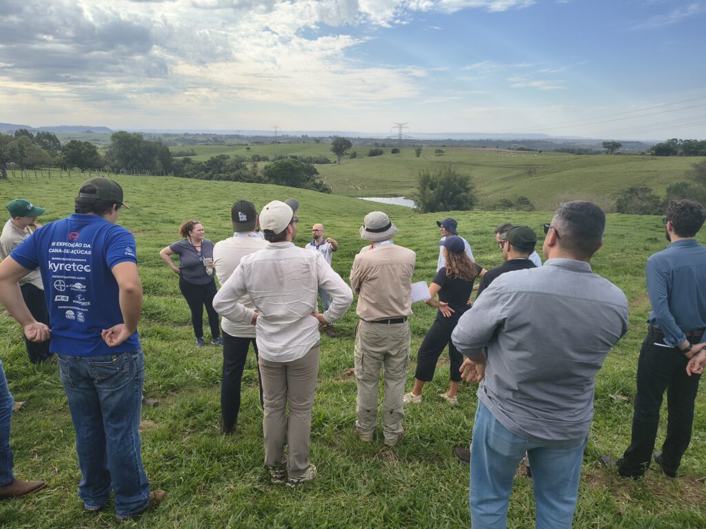 Diversos visitantes e técnicos estão reunidos no topo de um morro relvado, a observar a paisagem rural com pastagens e um pequeno lago ao fundo.