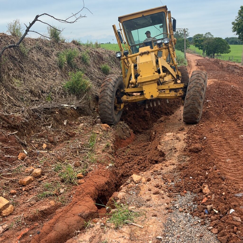 Uma motoniveladora amarela opera na manutenção de uma estrada de terra rural, nivelando o terreno enquanto abre sulcos no solo de barro