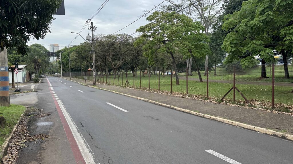 Uma estrada asfaltada de dois sentidos margeada por uma longa rede metálica de vedação que delimita um parque arborizado.