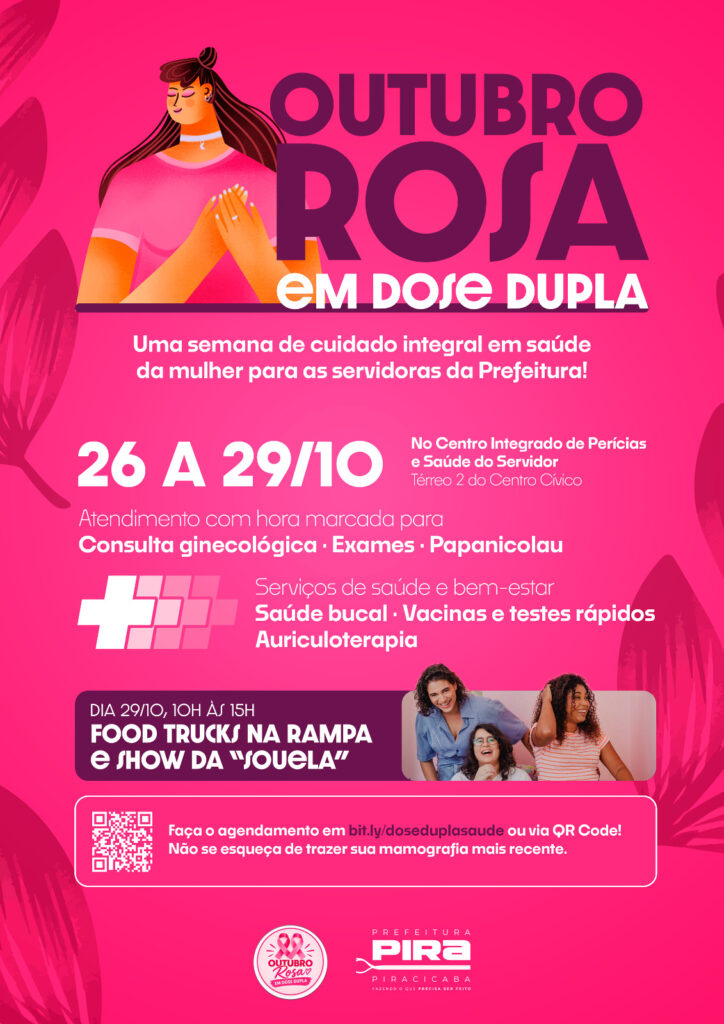 Cartaz informativo cor-de-rosa promovendo a campanha "Outubro Rosa em Dose Dupla" para as servidoras municipais, com detalhes sobre consultas, exames, vacinas e agendamentos.