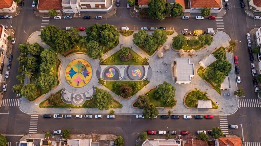 Vista aérea superior de uma praça pública retangular totalmente requalificada, exibindo grafismos coloridos no pavimento, áreas de playground, canteiros arborizados, quiosques e caminhos pedonais integrados à malha urbana.