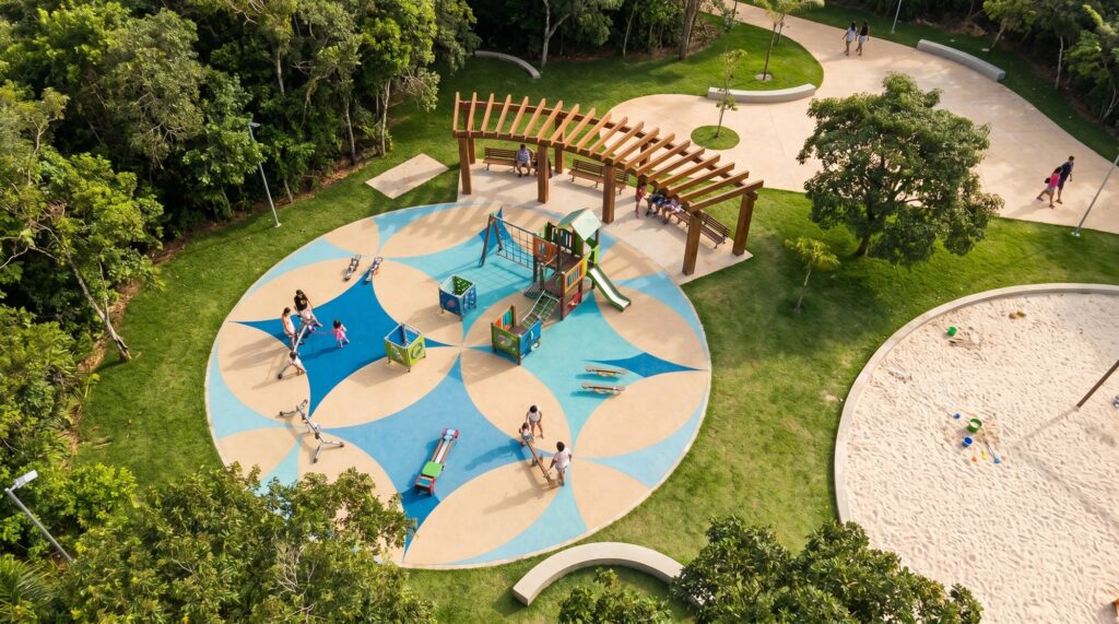 Vista aérea de um parque urbano com piso emborrachado azul e bege em formato circular equipado com brinquedos infantis, um pergolado de madeira com bancos, área de areia e caminhos pavimentados cercados por relvado e árvores.